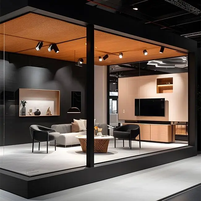 Ausstellungsstand mit Einbauten, Beleuchtung und Sitzbereich