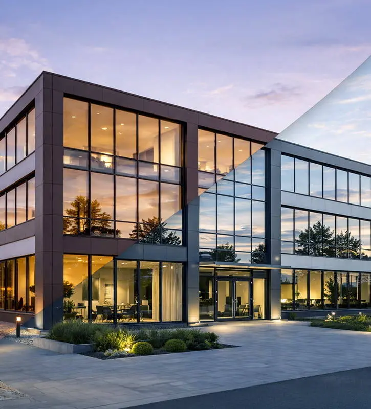 Bürogebäude mit großer Glasfassade und Sonnenschutzfolie