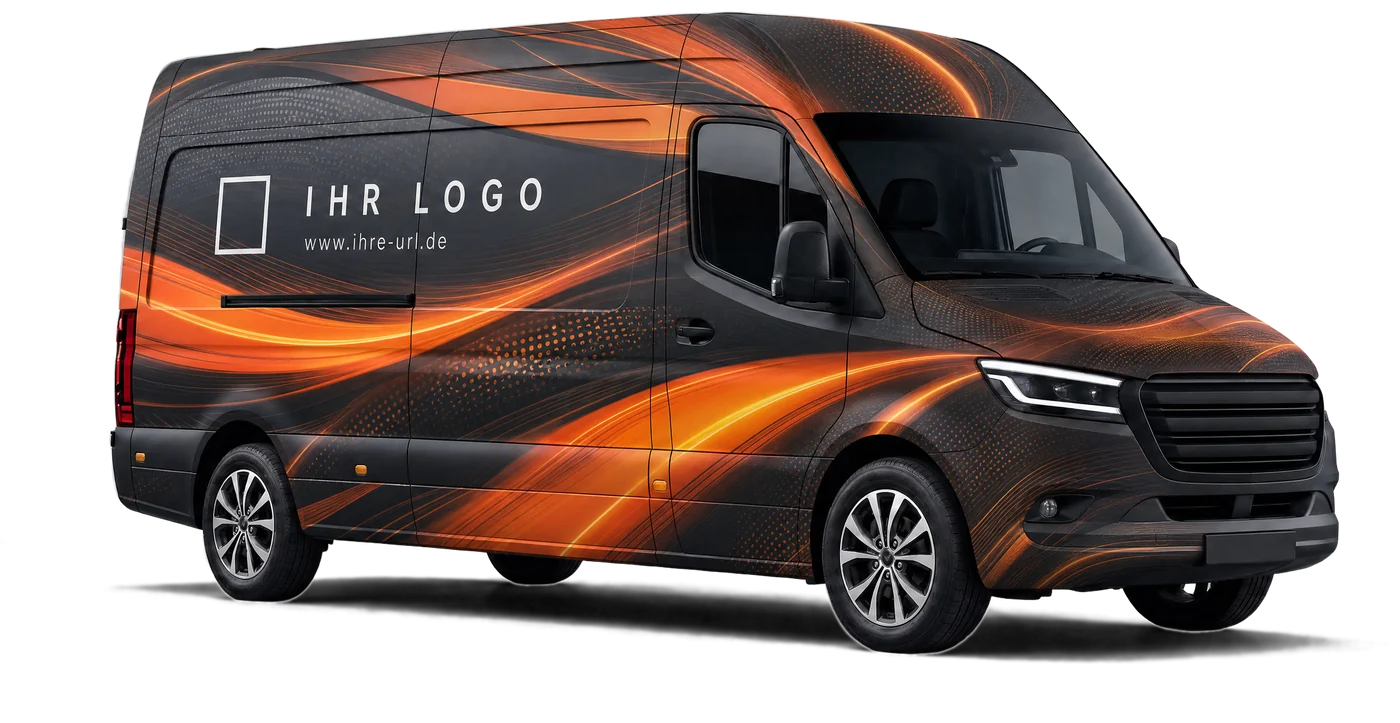 Transporter mit Vollfolierung: vollflächiger Digitaldruck über Motorhaube, Flanke und Dach
